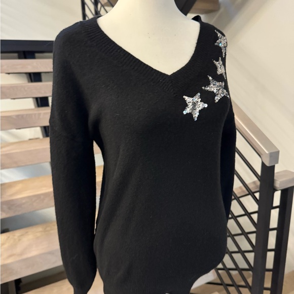 LOFT Black V-Neck Sweater with Star Accents - Picture 3 of 8